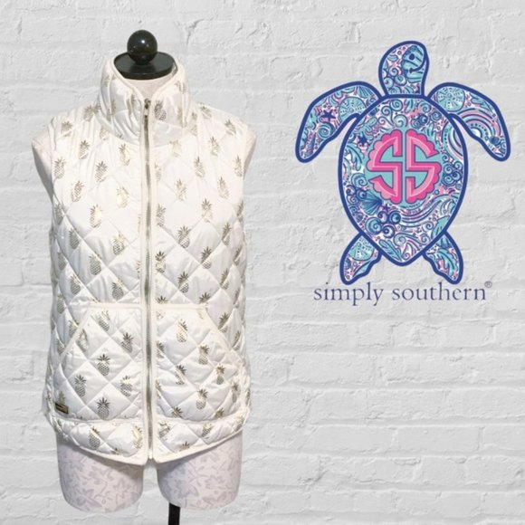 Simply Southern Puffer Vest Gold and White Pineapples Print Small - Picture 2 of 9